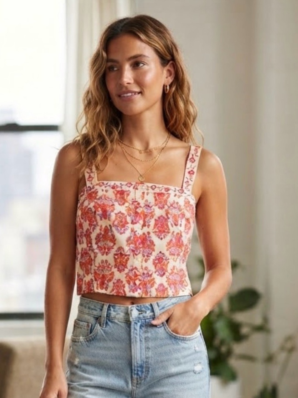 Haute Hippie Floral Square-Neck Cropped Tank Top - Cream & Pink